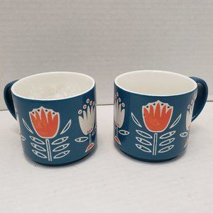 2 Pair Mug Cup Teal Turquoise Orange White Floral Flower Leaf NEW